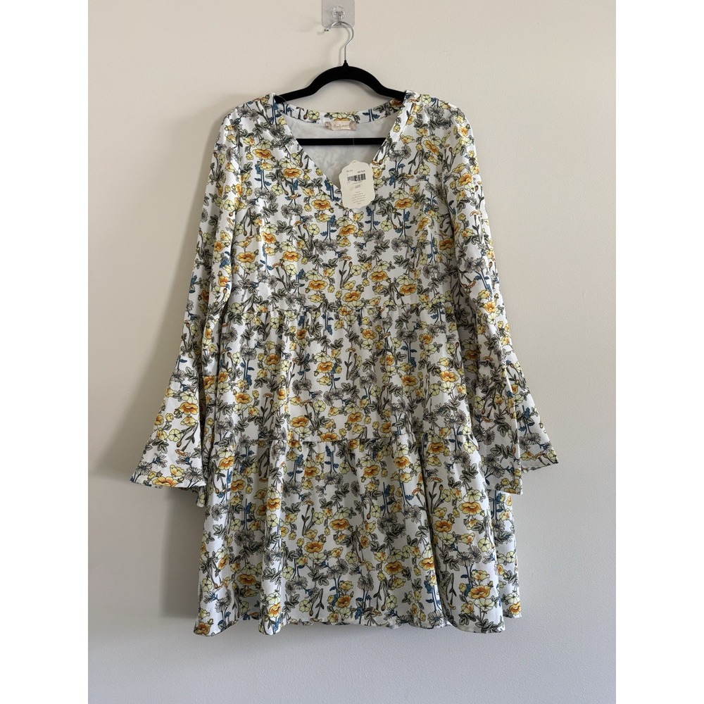 Altar'd State Yellow Blue Floral Tiered Babydoll Dress Bell Sleeve V-Neck Medium